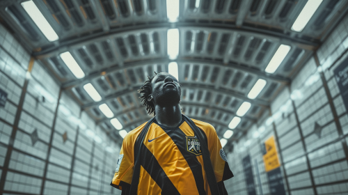 Man in Black and Yellow Soccer Jersey in Metro Corridor