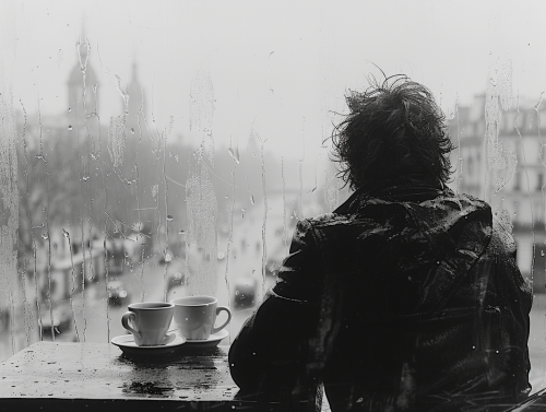 Man in Cafe with Coffee and Dessert, Rainy Cityscape