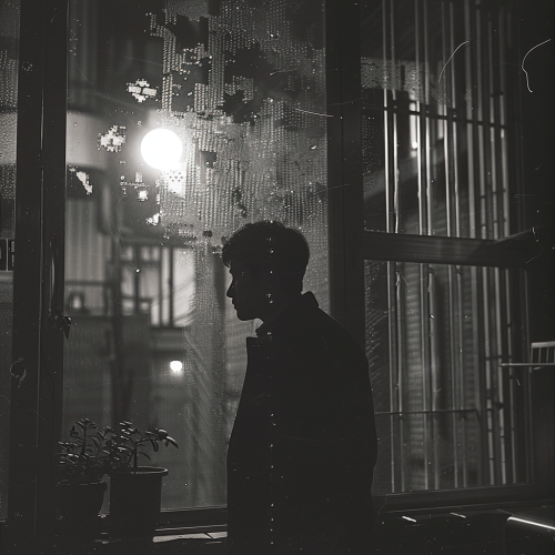 Man in Korean apartment, night, cinematic black-white style