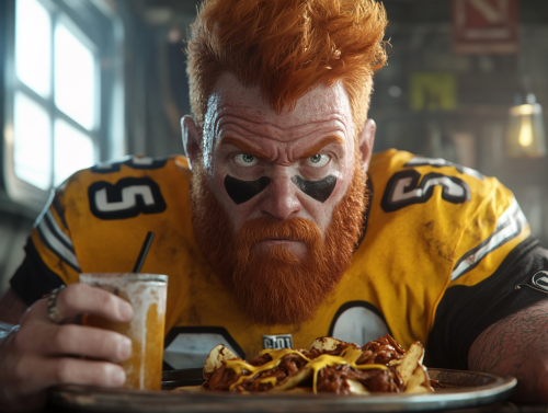 Man in Steelers jersey with beard eating nachos angrily.
