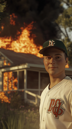 Man in baseball uniform smiles in front of burning house