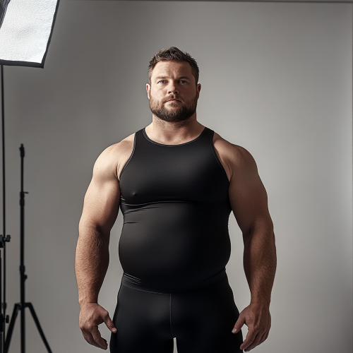 Man in black compression tank, slightly overweight, hunched forward.