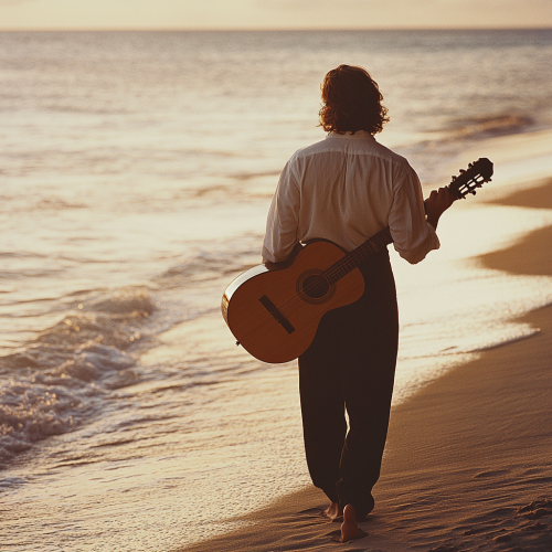 Man in flamenco outfit holding guitar on beach at sunset.