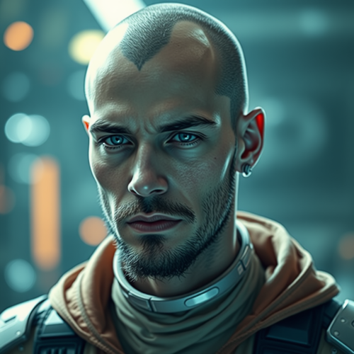 Man in futuristic cyberpunk outfit without hair.