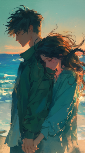 Man in green jacket holds woman's hand on beach.