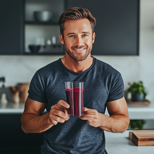 Man in mid-30s in kitchen with beet juice. Man in mid-30s in kitchen with beet juice.