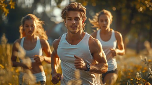 Man in park jogging, girls running in opposite direction.