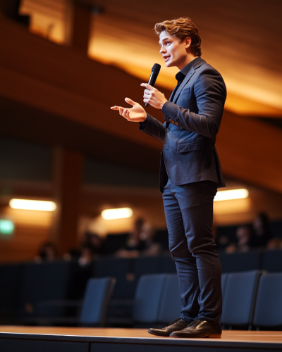 Man in suit speaking on stage with microphone Man in suit speaking on stage with microphone