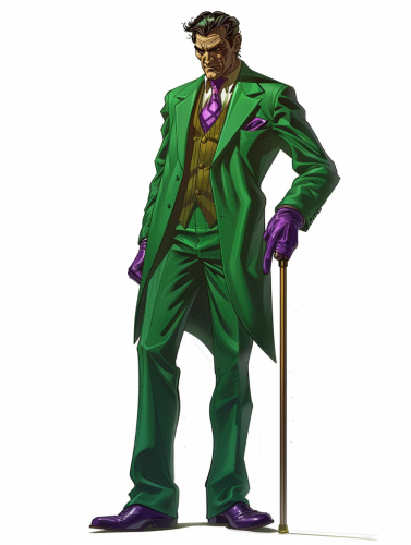 Man in unique green suit, purple accessories, question mark.