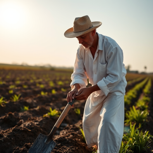 Man in white clothes working in field under sun.