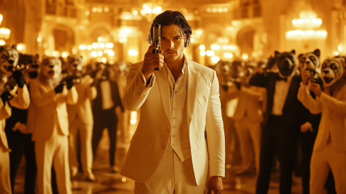 Man in white suit holds gun in ballroom