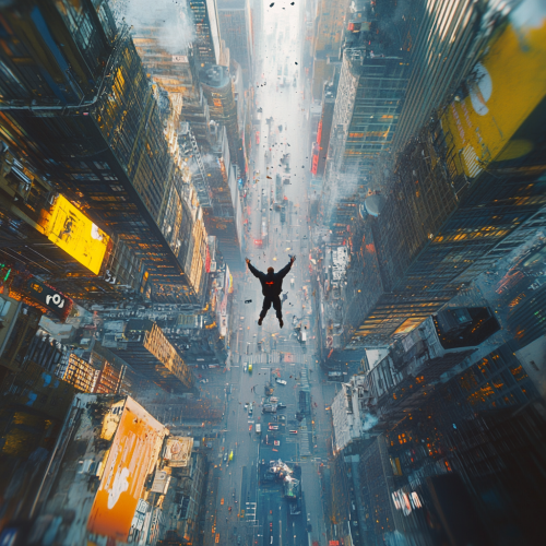 Man jumping high in futuristic city skyline