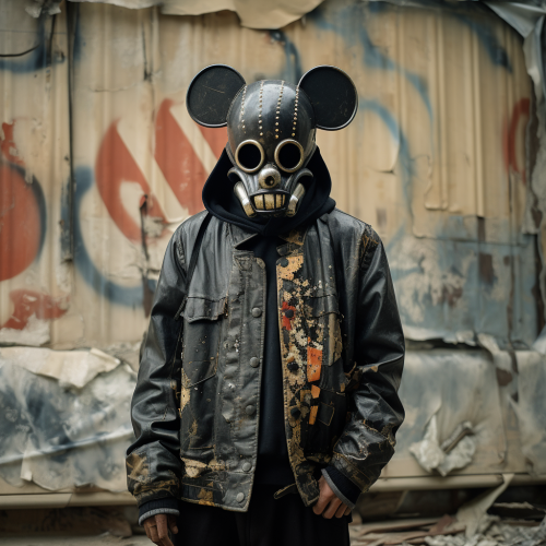 Man model in futuristic Mickey Mouse mask poses.
