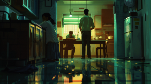 Man on the Edge of Abyss, Family in Kitchen