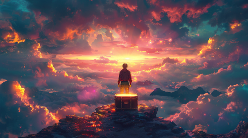 Man opening treasure chest with magical glow in sky.