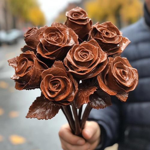 Man smiling, holding chocolate rose bouquet, walking in Bronx. Man smiling, holding chocolate rose bouquet, walking in Bronx.