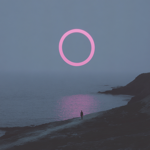 Man walking towards black hole, rays of light.