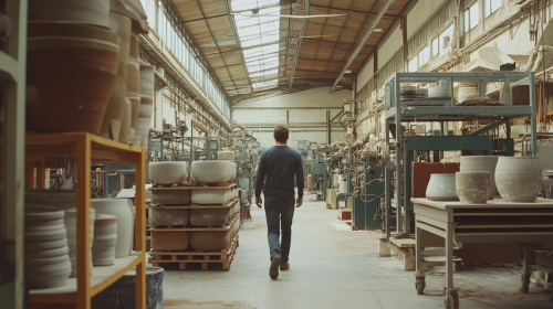 Man walks through ceramics plant with workers, machinery.