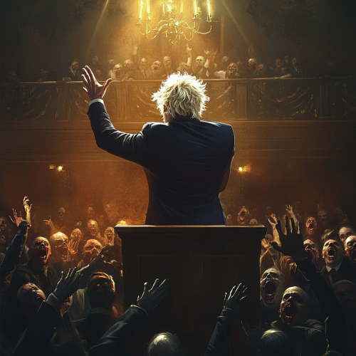 Man with bleached hair in blue suit speaks to zombies.