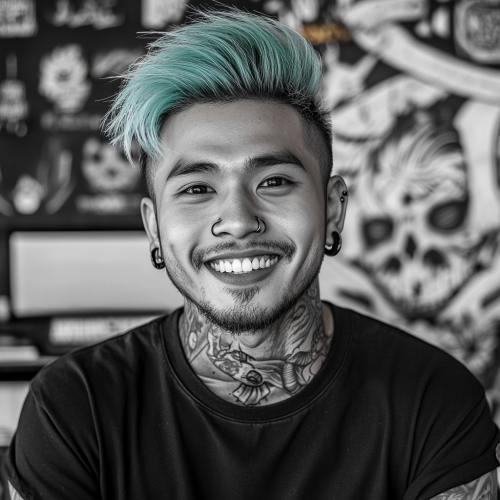 Man with blue hair, tattoos, piercings, smiling, graphic design.