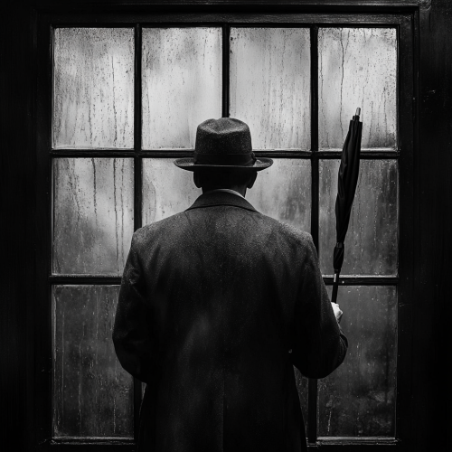 Man with umbrella looks at rain through window