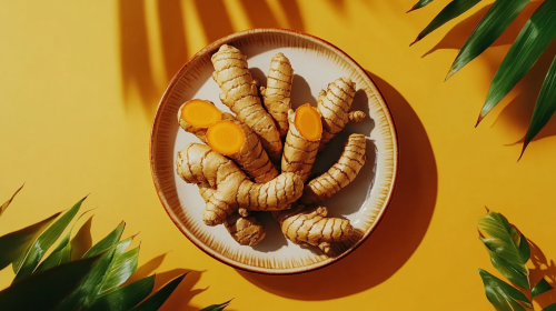 Turmeric and ginger roots on a plate