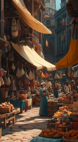 Many vendors in market, detailed, realistic Disney animation scene.
