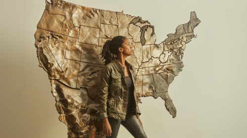 Map-bearing bronze statue embodying resilience, leadership, contemporary strength.