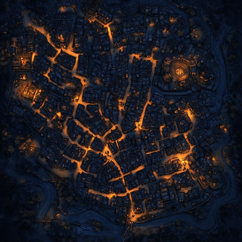 Map for dark, medieval city for dnd game.
