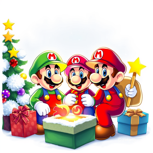 Mario Brothers Celebrating Christmas with Colorful Background