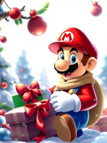 Mario Celebrating Christmas on a White Background