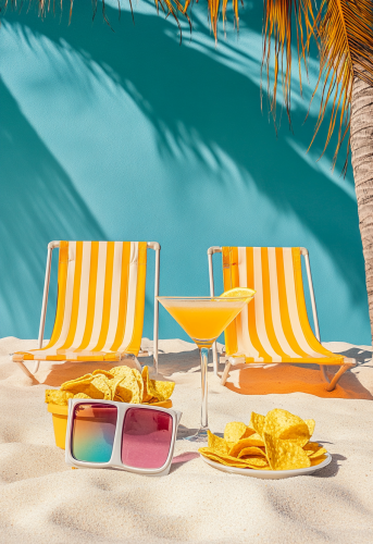 Martini shots and chips on beach chairs at sunrise.