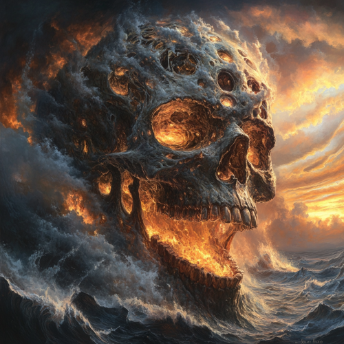 Massive demonic skull with fire in the sky.