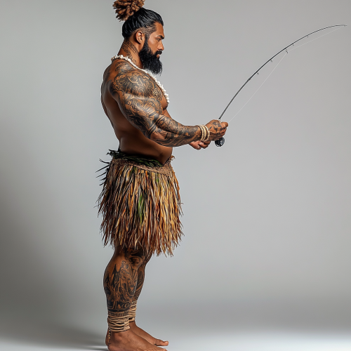 Maui, Polynesian god in traditional attire fishing