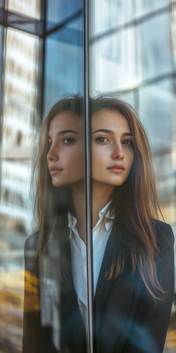 Maya's image- corporate suit on one side, casual on other.