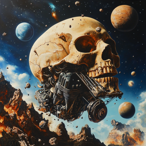 Mechanical skull floating in space with planets