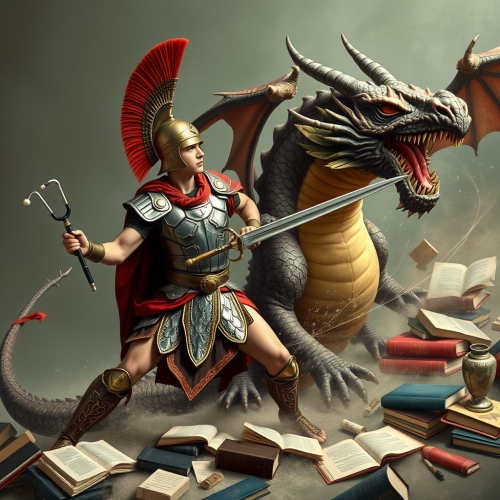 Medical Student Battles Textbook Dragon with Stethoscope