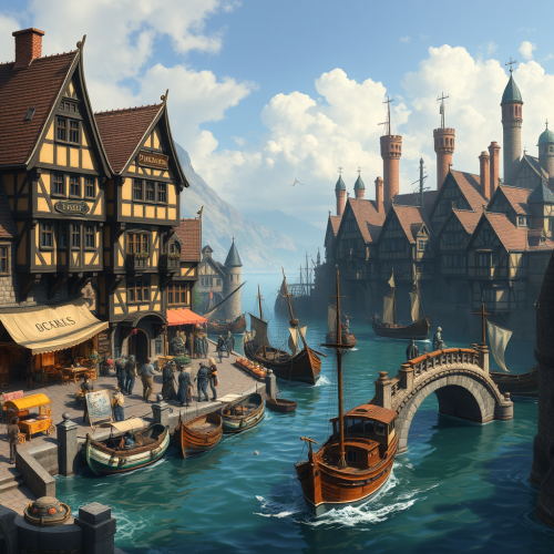 Medieval Port City with Boats, Knights, and Vendors