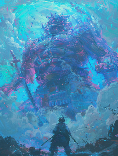 Medieval farmer gazes up at colossal samurai warrior. Medieval farmer gazes up at colossal samurai warrior.