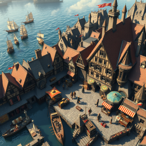 Medieval port town with ships, buildings, and stalls.
