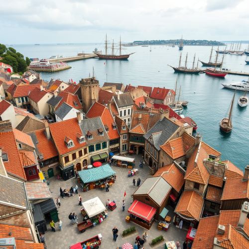 Medieval town near bay with ships and vendors.