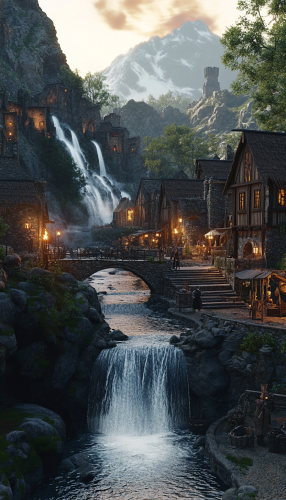 Medieval village near magical waterfall in enchanted valley. Medieval village near magical waterfall in enchanted valley.