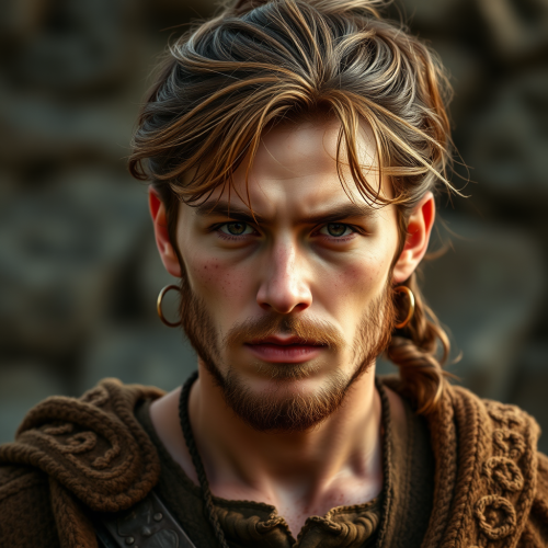 Medieval young man with brown hair and dirt.