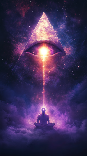 Meditating Figure Connected to All-Seeing Cosmic Eye