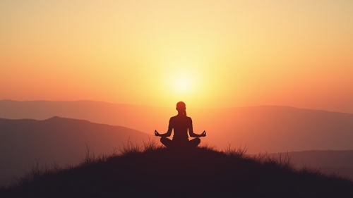 Meditating peacefully on hilltop at sunset, finding calm.