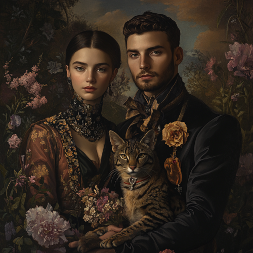 Men and women pose with wild cats and flowers
