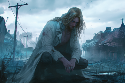 Men in town, kneeling during storm in art style.