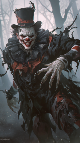 Menacing Clown in Dark, Spooky Forest Illustration Menacing Clown in Dark, Spooky Forest Illustration