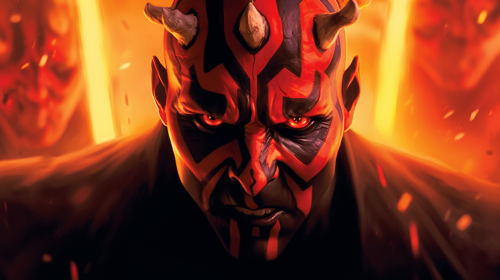 Menacing Darth Maul with fiery backdrop
