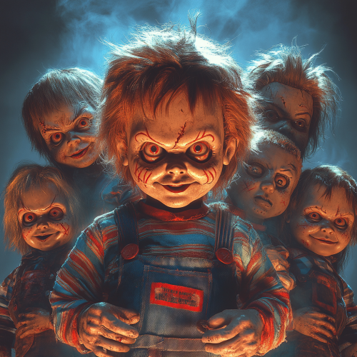 Menacing chucky dolls in eerie 90s horror composition.